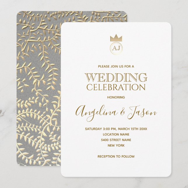 Convite Casamento de Caligrafia em Ouro Simples e Elegante (Frente/Verso)