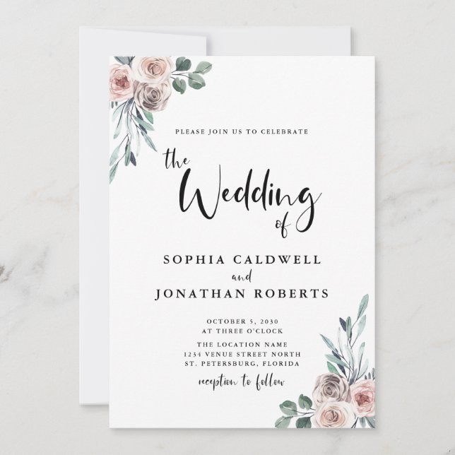 Convite Casamento de Caligrafia em Rosas Rosa Pidosas (Frente)