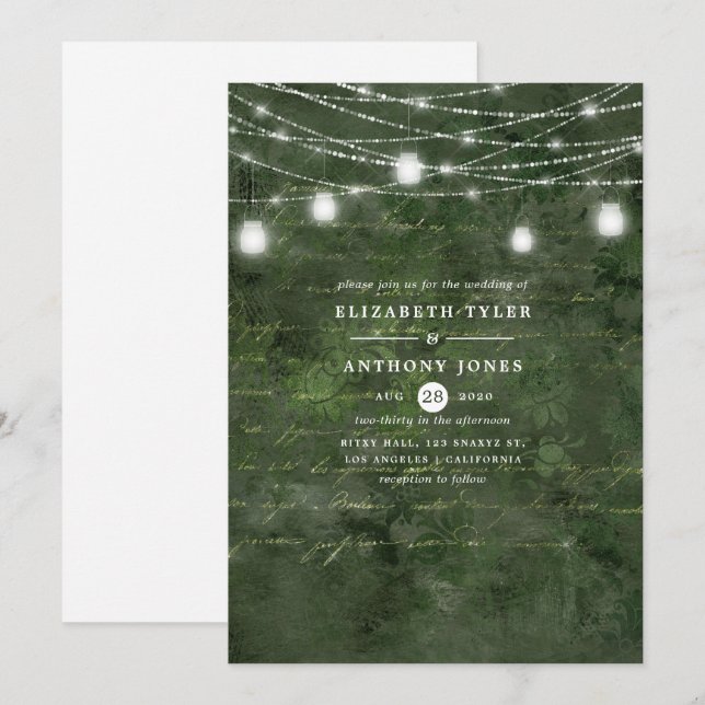 Convite Casamento de Caligrafia em Verde e Dourado Rústico (Frente/Verso)