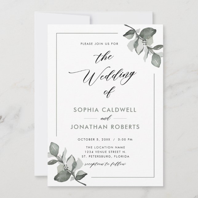 Convite Casamento de Caligrafia Eucalyptus (Frente)