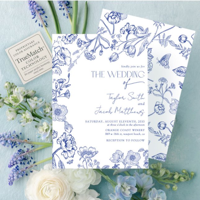 Convite Casamento de Caligrafia Floral Azul e Branco Vinta (Criador carregado)