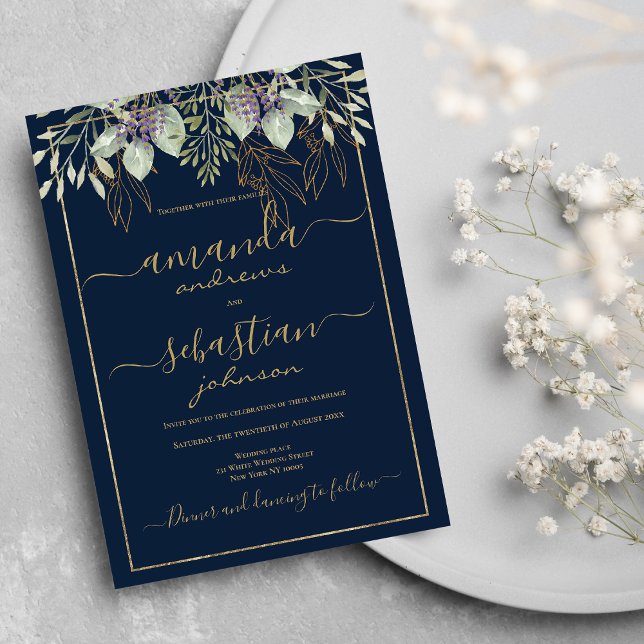 Convite Casamento de caligrafia floral com folhagem azul d (Gold navy blue foliage floral calligraphy wedding)