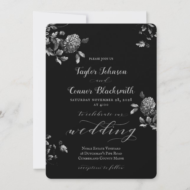 Convite Casamento de Caligrafia Floral Rustic Black Silver (Frente)