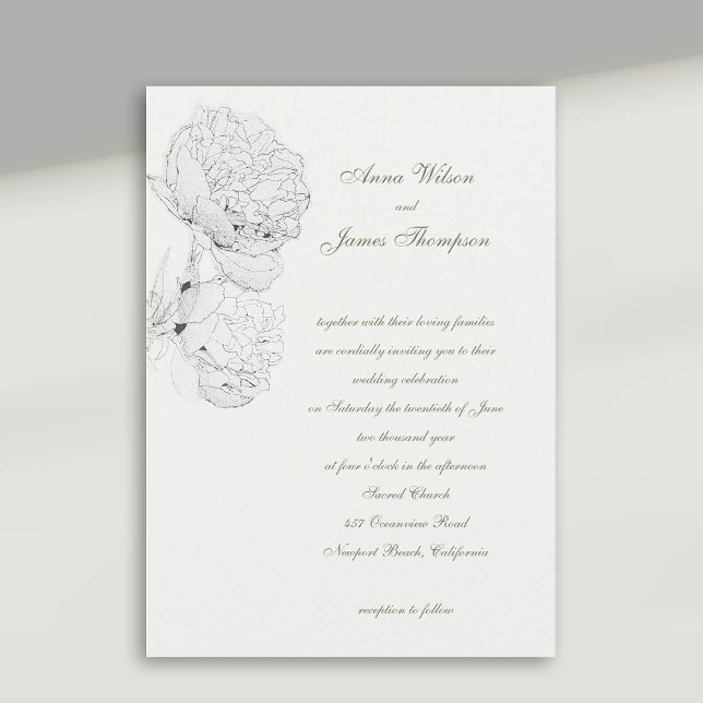 Convite Casamento de Caligrafia Formal de Ivory White (peony wedding invitation large blooms ink sketch ivory white formal calligraphy modern classic)