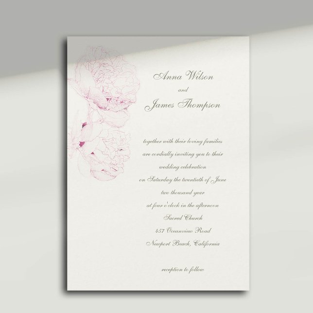 Convite Casamento de Caligrafia Formal de Peonies Rosa (pink peonies wedding invitation formal traditional calligraphy casual modern classic)