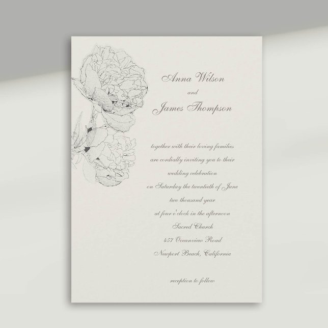 Convite Casamento de Caligrafia Formal Ecru De Peonies Ink (peony wedding invitation large blooms ink sketch ecru white formal calligraphy modern classic)