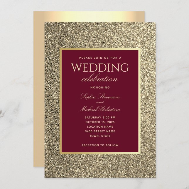 Convite Casamento de Caligrafia Glitter Dourado Borgonha (Frente/Verso)