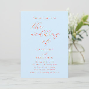 Convite Casamento de Caligrafia Laranja Azul Minimalista E