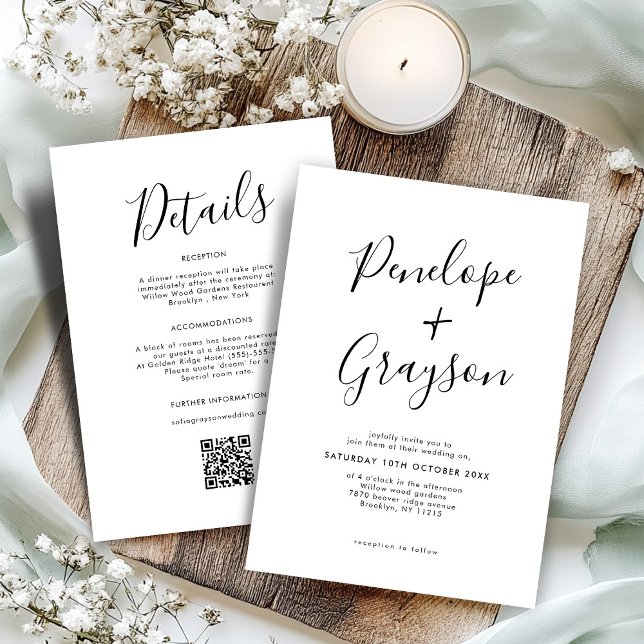 Convite Casamento de Caligrafia Limpa Simples e Minimalist (Simple Minimalist Modern Clean Calligraphy all in one Wedding Invitation)
