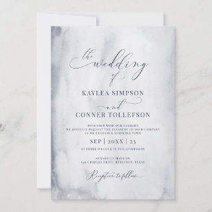 Convite Casamento de Caligrafia Marble de Cor Azul Elegant
