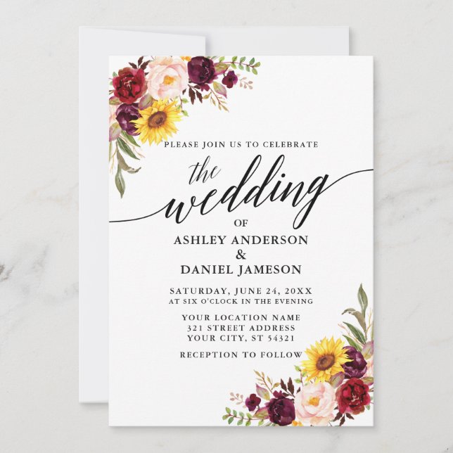 Convite Casamento de Caligrafia Moderna Floral Mistura por (Frente)