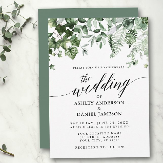 Convite Casamento de Caligrafia Moderna Ivy Ferns Sage Gre (Customize to change your personalized text size, style or color of back of card.)