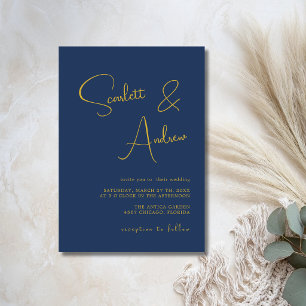 Convite Casamento de Caligrafia Moderna Minimalista Azul N