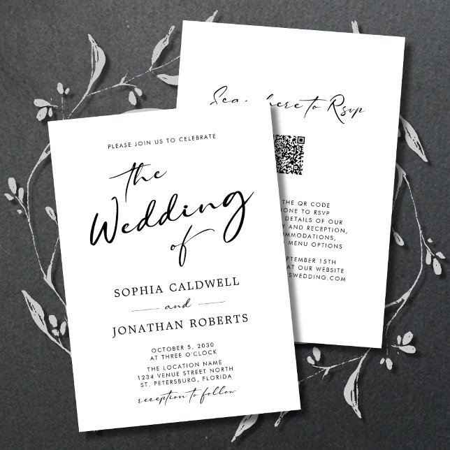 Convite Casamento de Caligrafia Moderna RSVP de RSVP de Có (All in One QR Code RSVP Modern Calligraphy Black and White Double Sided Wedding Invitation)
