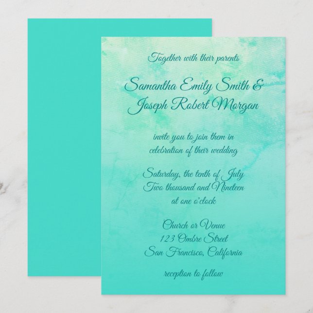 Convite Casamento de Caligrafia Ombre Turquesa Aquarela (Frente/Verso)