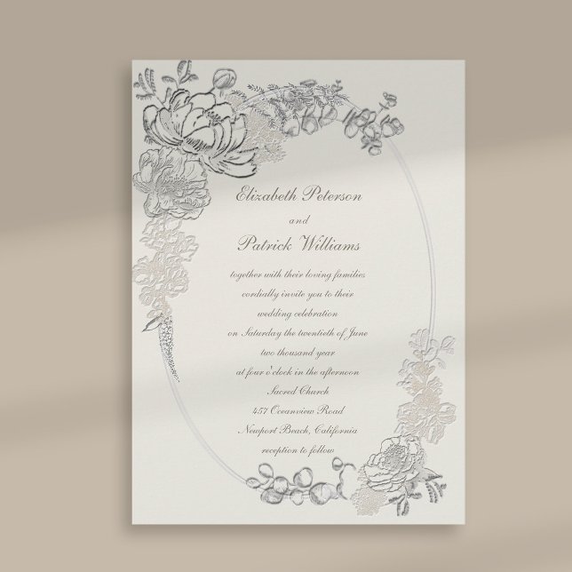 Convite Casamento De Caligrafia Por Frame Embossed Ov (peony wedding invitation floral oval frame formal traditional elegant calligraphy ecru classic chic)