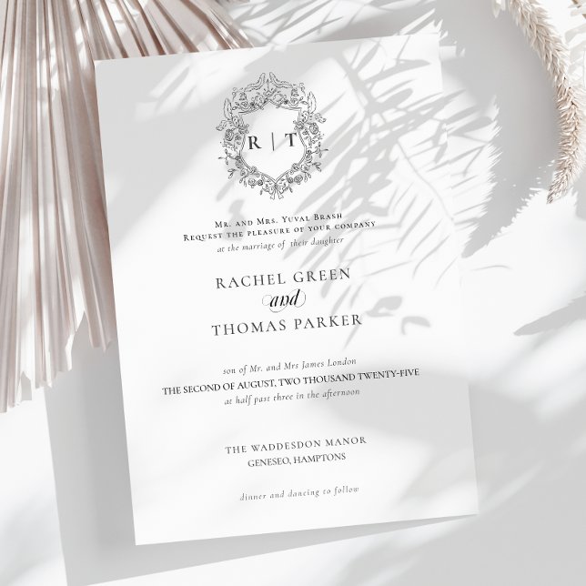 Convite Casamento de Caligrafia por Monograma Branco Negro (Elegant Black White Monogram Calligraphy Wedding Invitation)