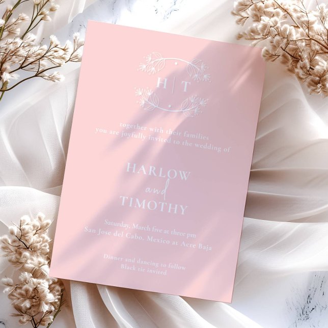 Convite Casamento de Caligrafia por Monograma branco-rosa  (Criador carregado)