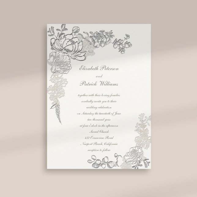 Convite Casamento de Caligrafia por Quic de Peony Faux Emb (formal traditional elegant calligraphy wedding invitation faux embossed peony pearl classic)