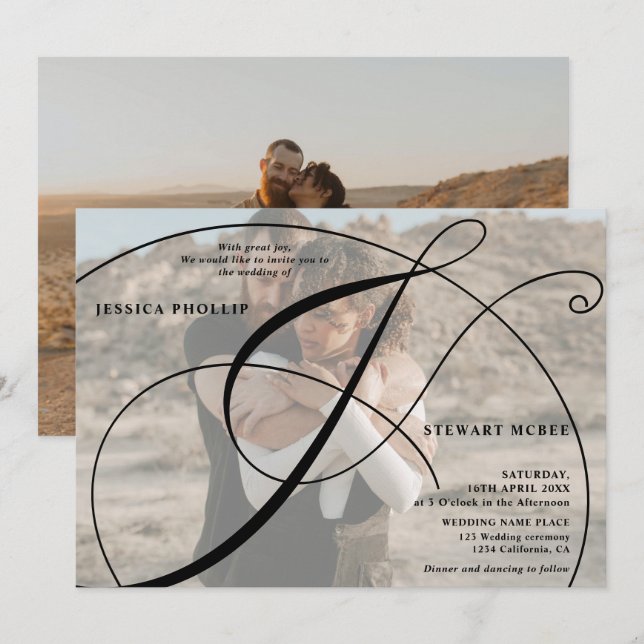 Convite Casamento de caligrafia preto 2 fotográfica (Frente/Verso)