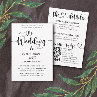 Convite Casamento de Caligrafia Preto e Branco All-In-One