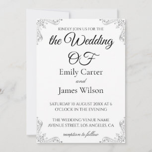 Convite Casamento de Caligrafia Preto e Branco Luxuoso e E