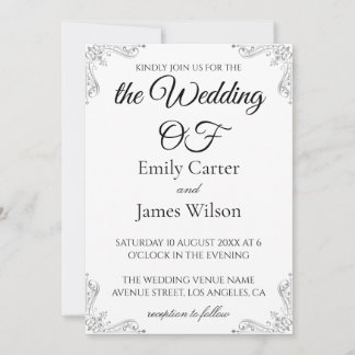 Convite Casamento de Caligrafia Preto e Branco Luxuoso e E