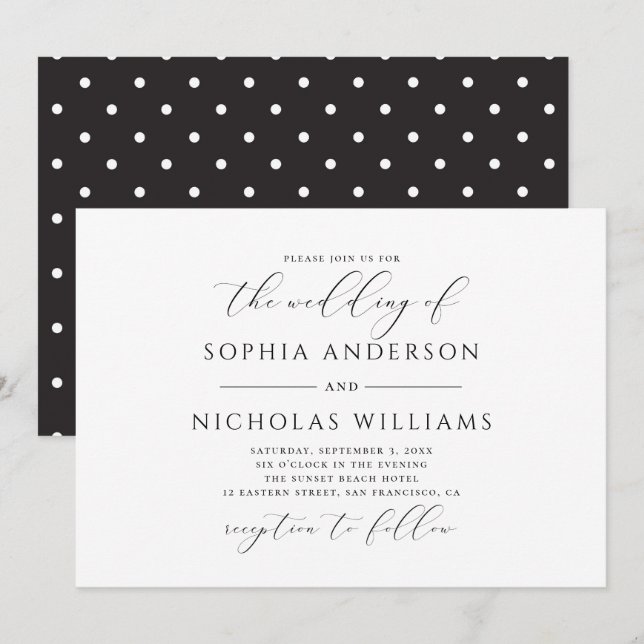 Convite Casamento de caligrafia preto e branco. Pontos pol (Frente/Verso)