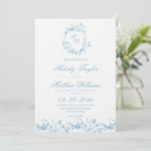 Convite Casamento de Caligrafia Real com Crista Floral Azu
