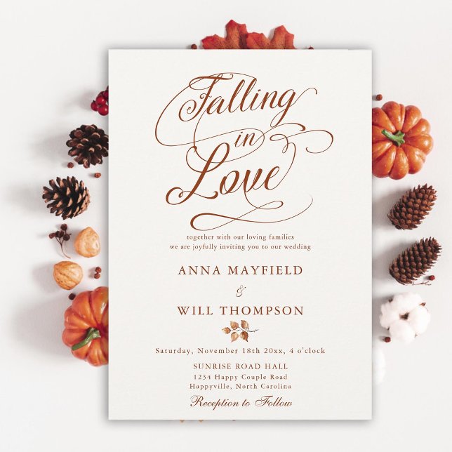 Convite Casamento de Caligrafia Romântica Apaixonada (falling in love wedding invitation autumn leaves terracotta romantic calligraphy elegant boho rustic)