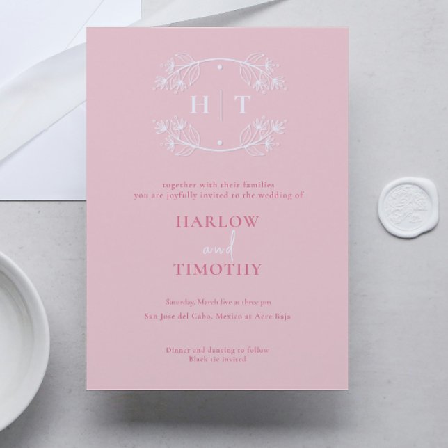 Convite Casamento de Caligrafia Rosa Monograma Branco Eleg (Elegant white Monogram Pink Calligraphy Wedding Invitation)