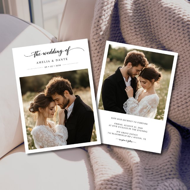 Convite Casamento de Caligrafia Rustic Boho Photo Black Wh (Criador carregado)