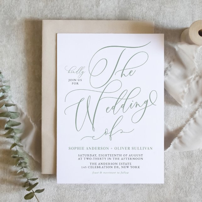 Convite Casamento de Caligrafia Sage Green (Sage Green Whimsical Calligraphy Wedding Invitation)