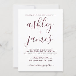 Convite Casamento de Caligrafia Simples Chic Burgundy