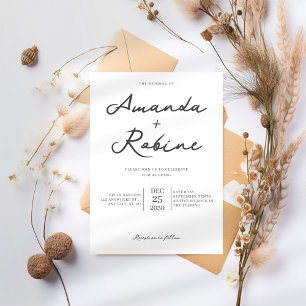 Convite Casamento de Caligrafia Simples Preta e Branca