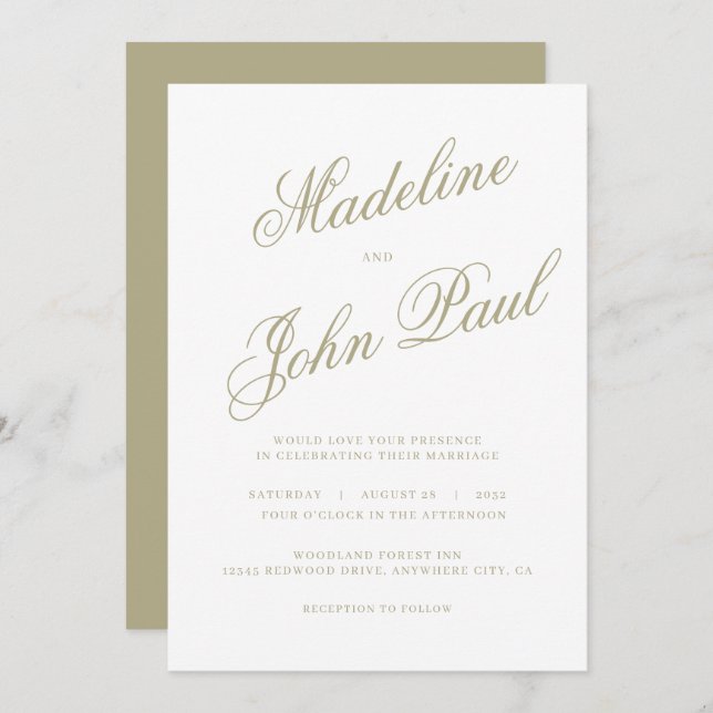 Convite Casamento de Caligrafia Verde Contemporânea Sage (Frente/Verso)