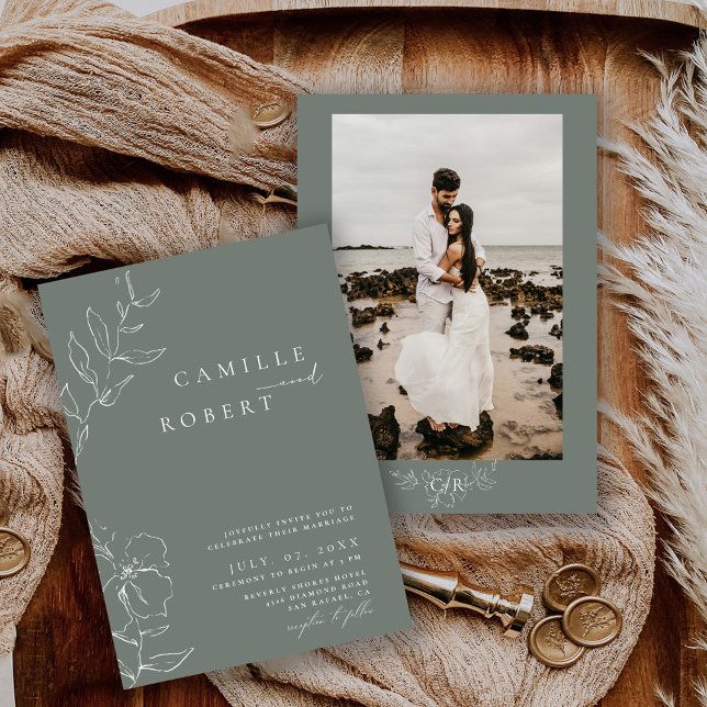 Convite Casamento de Caligrafia Verde Sage Minimalista Mod (Criador carregado)