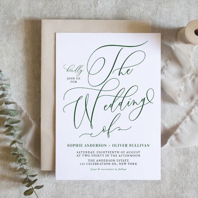 Convite Casamento de Caligrafia Whimsical Emerald Green (Emerald Green Whimsical Calligraphy Wedding Invitation)
