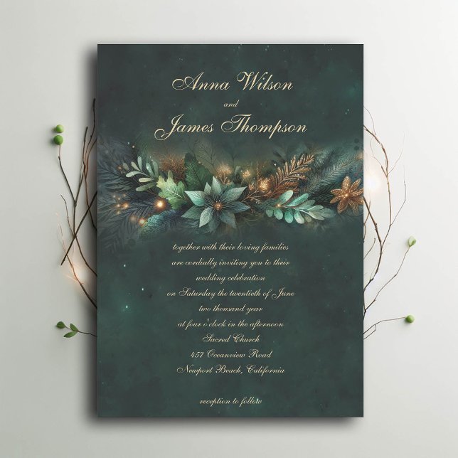Convite Casamento de Calliografia de Confronto de Fairytal (enchanted forest wedding invitation emerald gold garland calligraphy modern classic)
