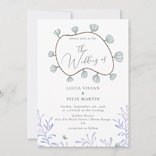 Convite Casamento de Calliografia em Seashell e Seaweed Be (Frente)