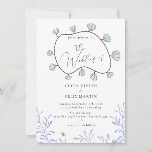 Convite Casamento de Calliografia em Seashell e Seaweed Be