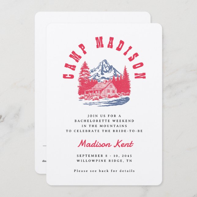 Convite Casamento de Camp Bachelorette Bold Retro Mountain (Frente/Verso)