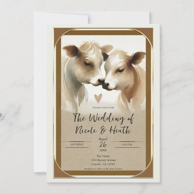 Convite Casamento de Campo Amor Vaca Marrom Creme (Frente)