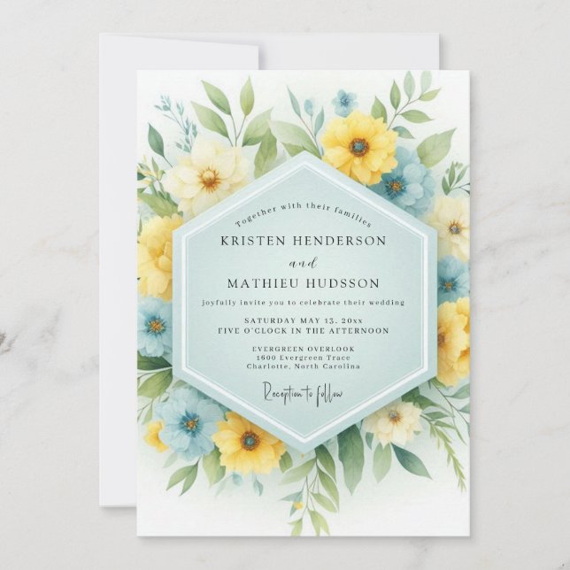 Convite Casamento de Campo Azul Céu e Amarelo (Frente)