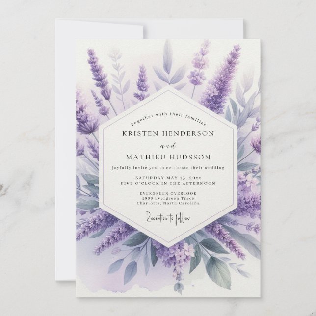 Convite Casamento de Campo com Aquarela de Lavanda (Frente)