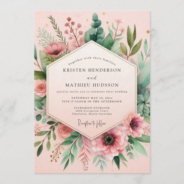 Convite Casamento de Campo de Água-forte Rosa (Frente)