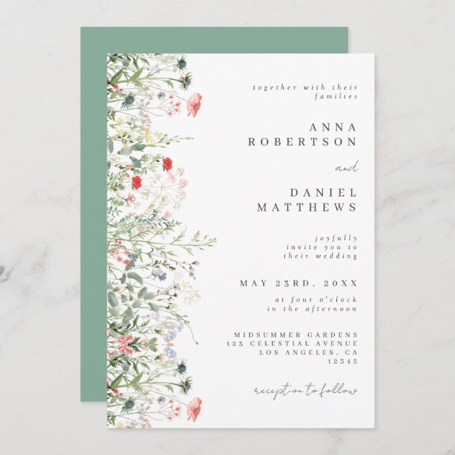 Convite Casamento de Campo de Flor Selvagem Elegante (Frente/Verso)