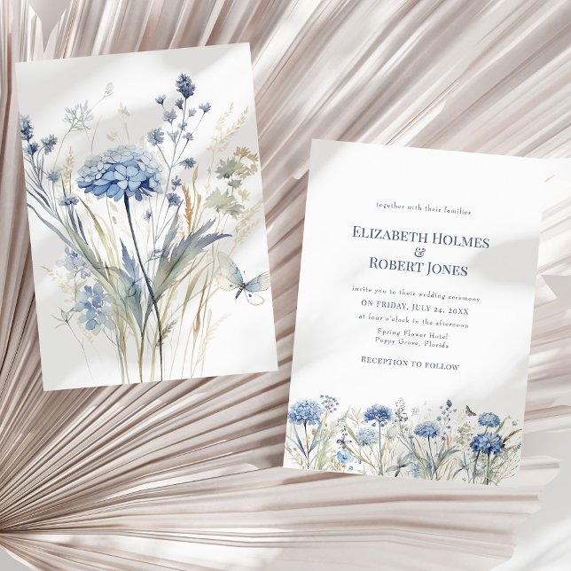 Convite Casamento de Campo de Flores Silvestres com Hortên (French Blue Watercolor Garden Wildflowers Wedding Invitation on a dry palm leaf.)