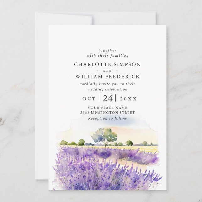 Convite Casamento De Campo De Lavanda De Aquarela Tudo Em  (Frente)