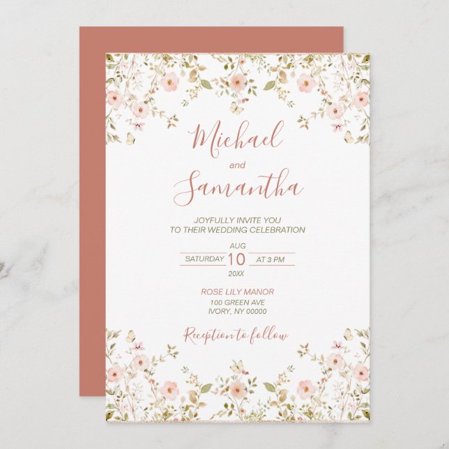 Convite Casamento de campo de Rosa selvagem (Frente/Verso)